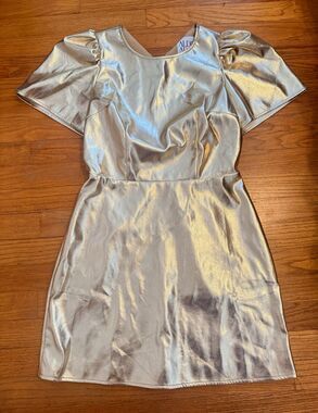 NWT Alden Adair Hadley Gold Metallic Square Neck Puff Sleeve Short Dress XS $298